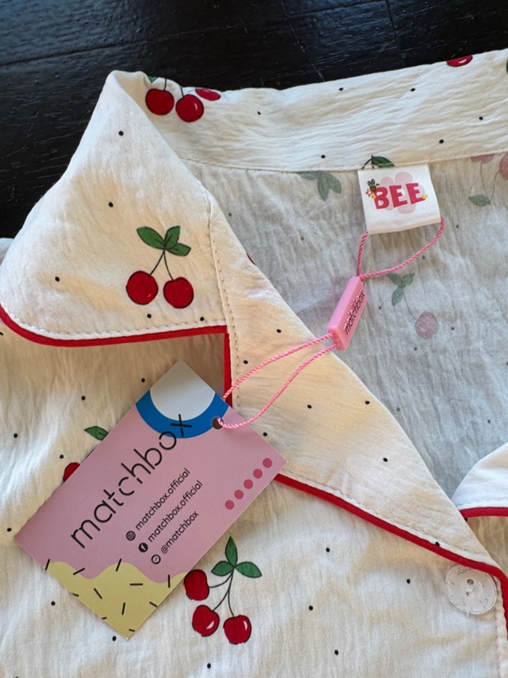 Matchbox Cherry-Print Two-Piece Pajama Set - Cream with Red Trim - Picture 3 of 5
